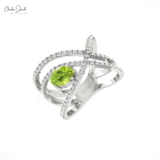 Statement Diamond Ring With 7x5mm Peridot August Birthstone 14k Real Gold Infinity Rings