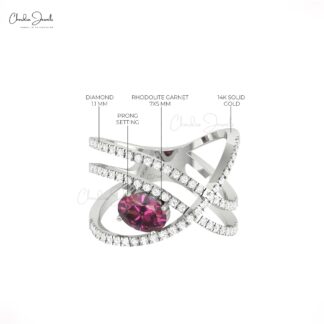 Natural Rhodolite Garnet Infinity Ring In Pure 14k Gold Pave Diamond Fine Jewelry For Her