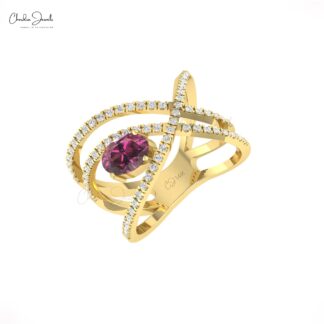 Natural Rhodolite Garnet Infinity Ring In Pure 14k Gold Pave Diamond Fine Jewelry For Her