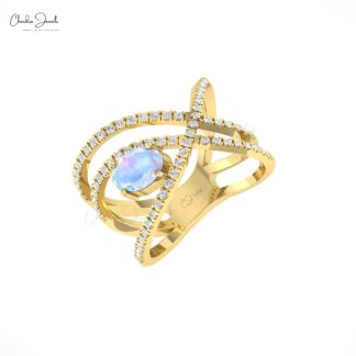 Infinity Unique Ring With 7x5mm Oval Moonstone And Diamond Crossover 14k Solid Gold Ring