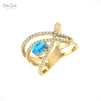 Solid 14k Gold Overlapping Ring With 0.72 Ct Swiss Blue Topaz And Diamond Wedding Rings
