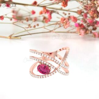 Overlapping Diamond Ring With 7x5mm Pink Tourmaline Infinity Rings In 14k Real Gold