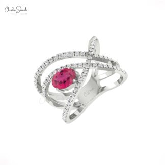 Overlapping Diamond Ring With 7x5mm Pink Tourmaline Infinity Rings In 14k Real Gold