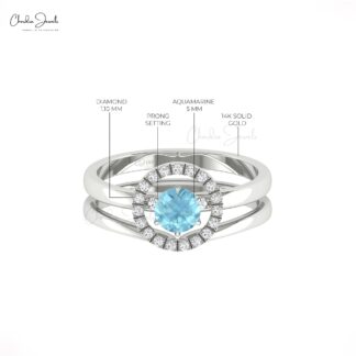 Round Cut Dual Band In 14k Real Gold Aquamarine 5mm Gemstone And Halo Diamond Ring