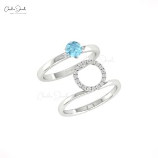 Round Cut Dual Band In 14k Real Gold Aquamarine 5mm Gemstone And Halo Diamond Ring