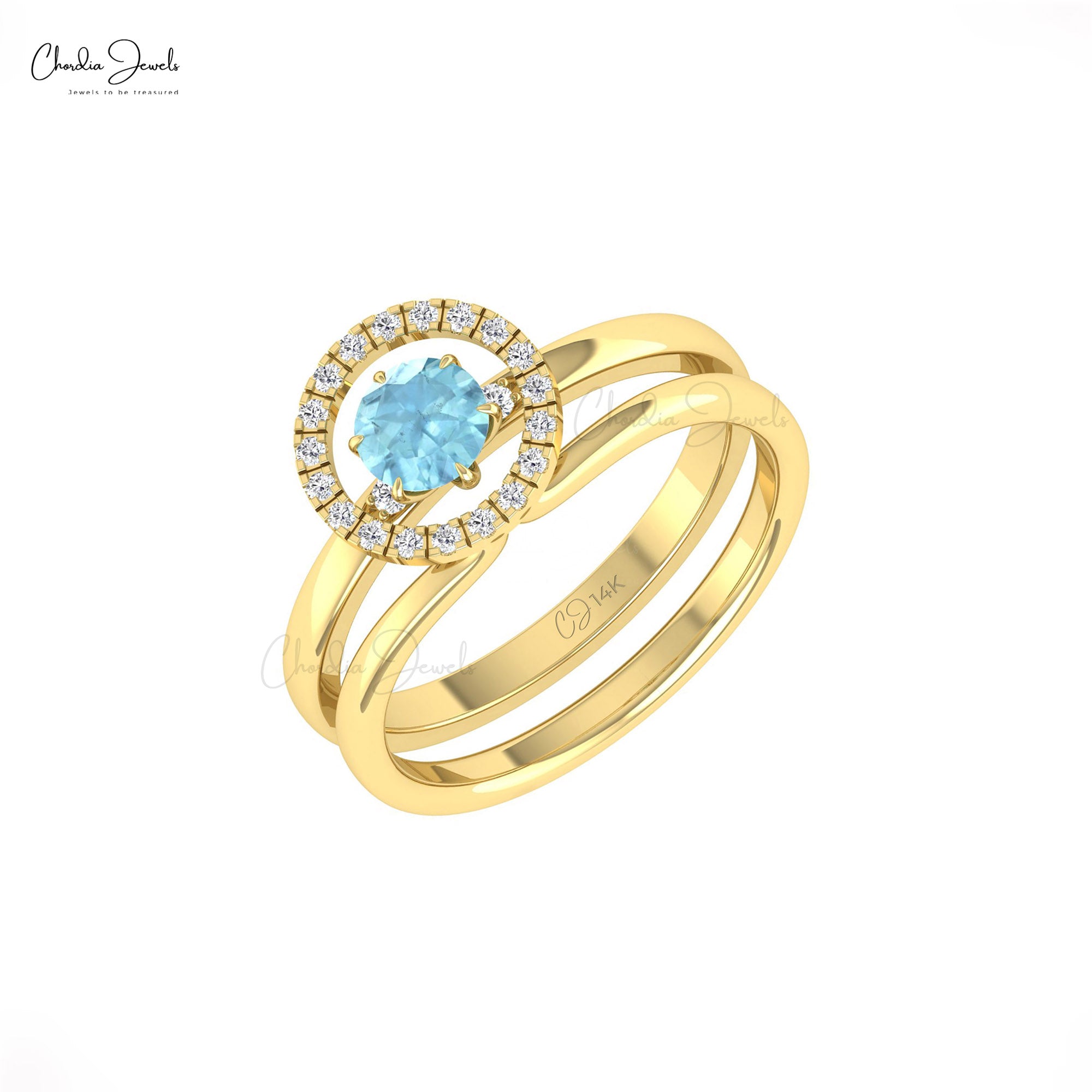 Round Cut Dual Band In 14k Real Gold Aquamarine 5mm Gemstone And Halo Diamond Ring