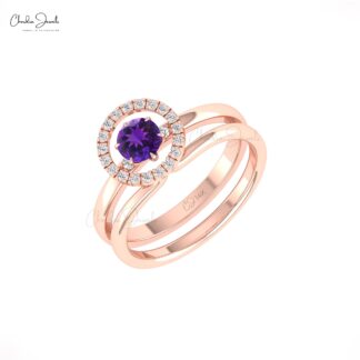 Real 14k Gold Solitaire Halo Ring with 0.45 Ct Amethyst And Diamond Circle Promise Ring