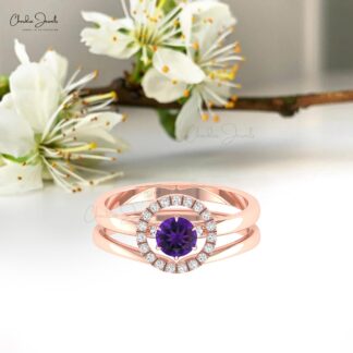 Real 14k Gold Solitaire Halo Ring with 0.45 Ct Amethyst And Diamond Circle Promise Ring