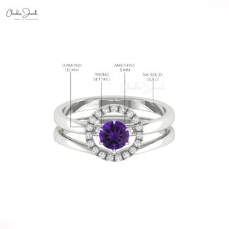 Real 14k Gold Solitaire Halo Ring with 0.45 Ct Amethyst And Diamond Circle Promise Ring