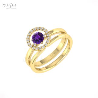 Real 14k Gold Solitaire Halo Ring with 0.45 Ct Amethyst And Diamond Circle Promise Ring