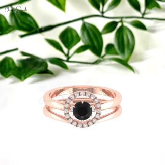 Solitaire Halo Diamond Ring In 14k Solid Gold Black Diamond 5mm Round Cut Wedding Rings