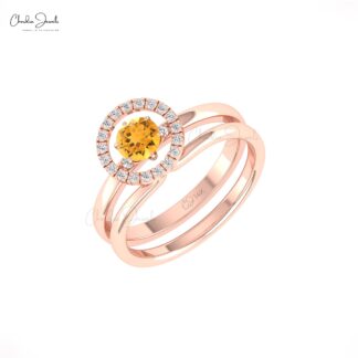 Halo Diamond Stack Band In Pure 14k Gold Citrine 5mm Round Solitaire Rings For Women