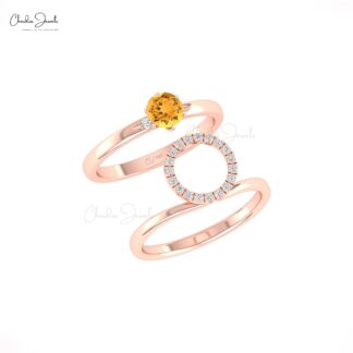 Halo Diamond Stack Band In Pure 14k Gold Citrine 5mm Round Solitaire Rings For Women