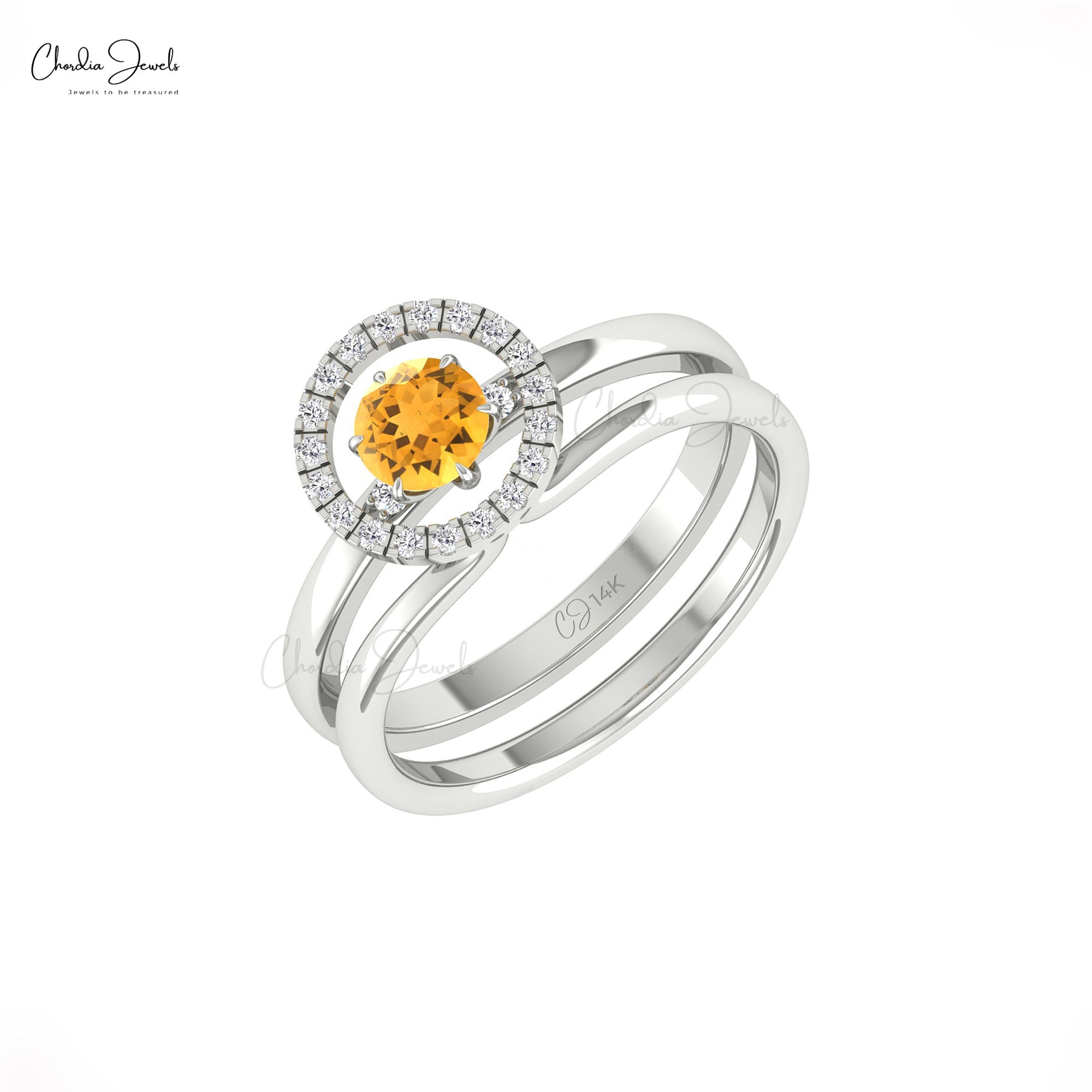 Halo Diamond Stack Band In Pure 14k Gold Citrine 5mm Round Solitaire Rings For Women