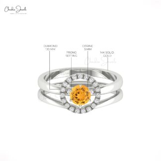 Halo Diamond Stack Band In Pure 14k Gold Citrine 5mm Round Solitaire Rings For Women