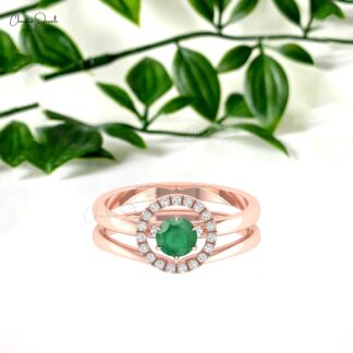 Diamond Circle Wedding Ring In Real 14k Gold Emerald 0.45 Ct Gemstone Rings For Women