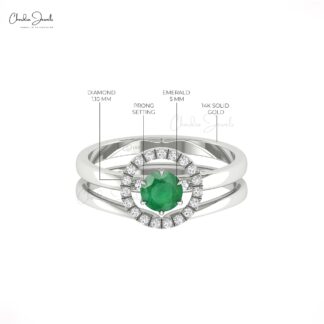 Diamond Circle Wedding Ring In Real 14k Gold Emerald 0.45 Ct Gemstone Rings For Women