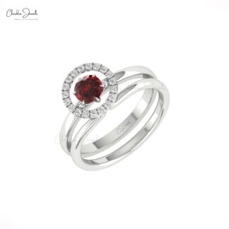 Double Stack Diamond Band In 14k Solid Gold Red Garnet 5mm Round Cut Halo Bridal Rings