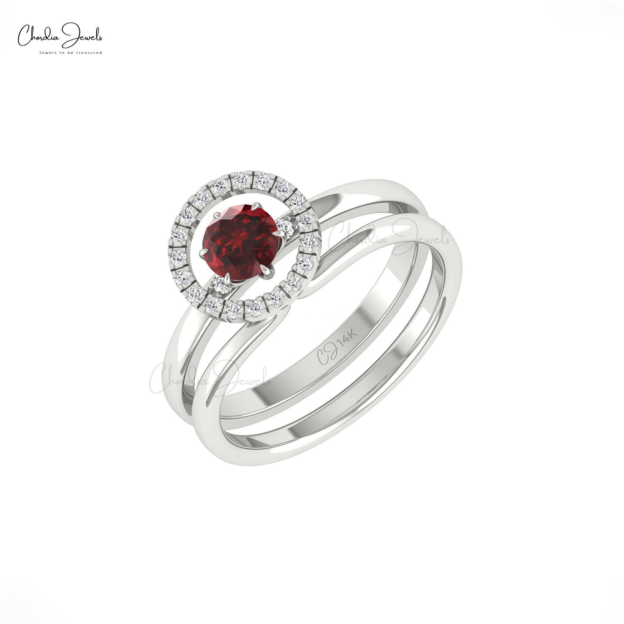 Double Stack Diamond Band In 14k Solid Gold Red Garnet 5mm Round Cut Halo Bridal Rings