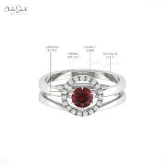 Double Stack Diamond Band In 14k Solid Gold Red Garnet 5mm Round Cut Halo Bridal Rings