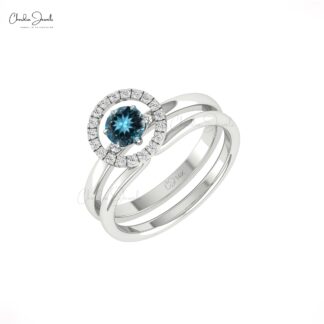 Solitaire Detchable Band In Pure 14k Gold London Blue Topaz Halo Diamond Anniversary Ring