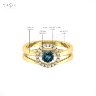 Solitaire Detchable Band In Pure 14k Gold London Blue Topaz Halo Diamond Anniversary Ring