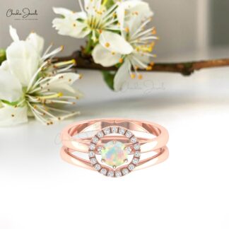 Dual Birthstone Halo Ring With 0.45 Ct Fire Opal And Diamond 14k Solid Gold Stack Bands