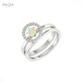 Dual Birthstone Halo Ring With 0.45 Ct Fire Opal And Diamond 14k Solid Gold Stack Bands