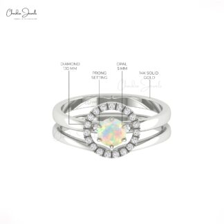 Dual Birthstone Halo Ring With 0.45 Ct Fire Opal And Diamond 14k Solid Gold Stack Bands