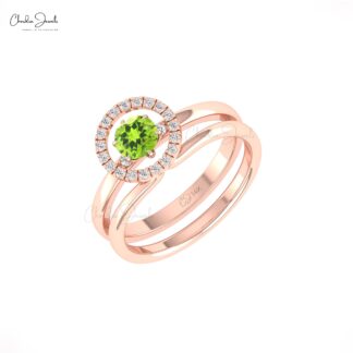 Stackable Wedding Two Band In Real 14k Gold Peridot 5mm Gemstone Halo Diamond Bridal Rings