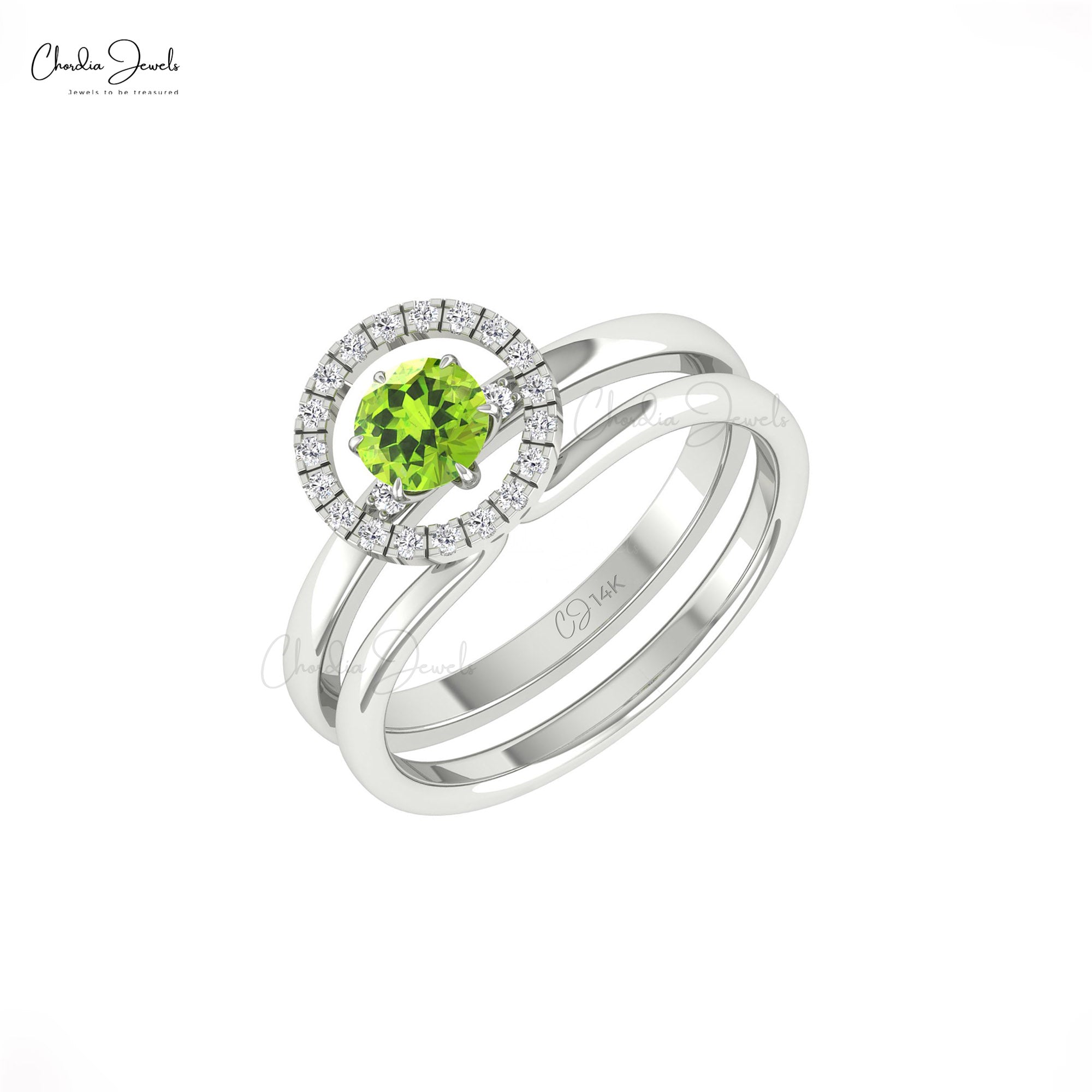 Stackable Wedding Two Band In Real 14k Gold Peridot 5mm Gemstone Halo Diamond Bridal Rings