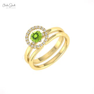 Stackable Wedding Two Band In Real 14k Gold Peridot 5mm Gemstone Halo Diamond Bridal Rings