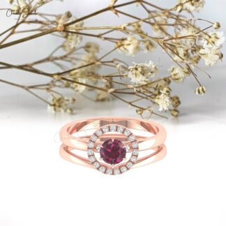 Detachable Wedding Ring With 0.45 Ct Rhodolite Garnet Halo Diamond 14k Real Gold Fine Ring