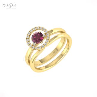 Detachable Wedding Ring With 0.45 Ct Rhodolite Garnet Halo Diamond 14k Real Gold Fine Ring