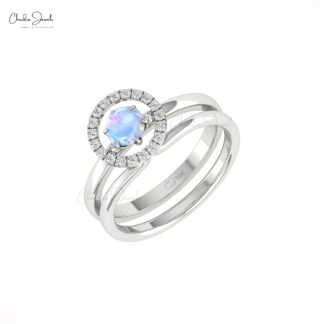 Daimond Stacking Two Band In 14k Real Gold Rainbow Moonstone 5mm Round Halo Ring