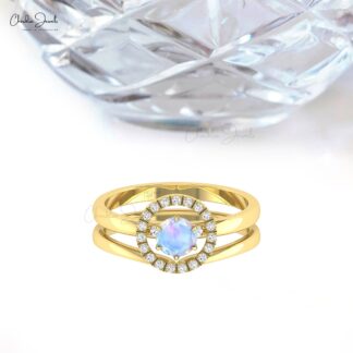 Daimond Stacking Two Band In 14k Real Gold Rainbow Moonstone 5mm Round Halo Ring