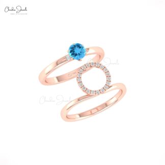 Pure 14k Gold Halo Bridal Ring With 0.45 Ct Swiss Blue Topaz Diamond Stack Rings For Her