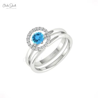 Pure 14k Gold Halo Bridal Ring With 0.45 Ct Swiss Blue Topaz Diamond Stack Rings For Her