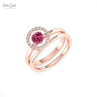 AAA Pink Tourmaline Solitaire Ring With Diamond Circle 14k Solid Gold Stackable Rings