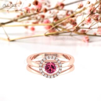 AAA Pink Tourmaline Solitaire Ring With Diamond Circle 14k Solid Gold Stackable Rings