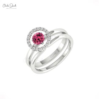 AAA Pink Tourmaline Solitaire Ring With Diamond Circle 14k Solid Gold Stackable Rings