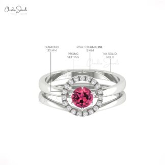 AAA Pink Tourmaline Solitaire Ring With Diamond Circle 14k Solid Gold Stackable Rings