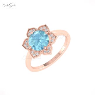 Flower Lotus Diamond Ring In 14k Pure Gold Aquamarine 8mm Round Halo Women Rings