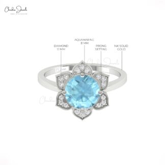 Flower Lotus Diamond Ring In 14k Pure Gold Aquamarine 8mm Round Halo Women Rings