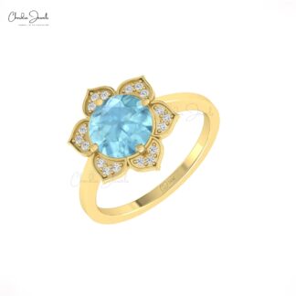 Flower Lotus Diamond Ring In 14k Pure Gold Aquamarine 8mm Round Halo Women Rings