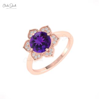 Halo Engagement Ring With 1.5 Ct Amethyst And Diamond 14k Real Gold Blossom Rings