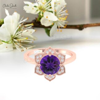 Halo Engagement Ring With 1.5 Ct Amethyst And Diamond 14k Real Gold Blossom Rings