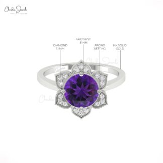 Halo Engagement Ring With 1.5 Ct Amethyst And Diamond 14k Real Gold Blossom Rings