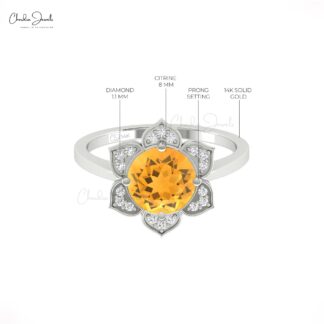 Bloom Floral Promise Ring With 1.5 Ct Round Citrine Pave Diamond Halo Ring In 14k Gold