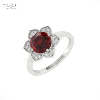 Diamond Floral Daisy Ring In Solid 14k Gold Red Garnet 8mm Round Cut Halo Rings For Her
